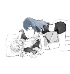 Rule 34 | 2girls, artuvia, black panties, black shirt, black shorts, blue eyes, blue hair, blush, breasts, byleth (female) (fire emblem), byleth (fire emblem), closed mouth, commentary, cropped shirt, edelgard von hresvelg, fire emblem, fire emblem: three houses, girl on top, grabbing, grabbing another&#039;s breast, hands up, hashtag-only commentary, highres, kneeling, long hair, looking at another, lying, multiple girls, nintendo, nipples, on back, open clothes, open shirt, panties, panty pull, pillow, purple eyes, scar, scar on arm, scar on back, scar on chest, shirt, short sleeves, shorts, simple background, sleeves rolled up, small breasts, trembling, underwear, white background, white hair, yuri