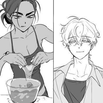 1boy 1girl :q alien_stage camisole collared_shirt commentary cracking_egg egg greyscale hair_between_eyes hashtag-only_commentary holding_eggshell hyuna_(alien_stage) layered_shirt lubya luka_(alien_stage) monochrome shirt short_hair thick_eyebrows tongue tongue_out