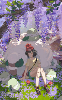 1girl absurdres bare_legs beanie black_hair bracelet closed_eyes closed_mouth collarbone commentary_request cottonee day floral_print gen_5_pokemon green_shorts hat highres jewelry nintendo outdoors poke_ball poke_ball_(basic) pokemon pokemon_(creature) pokemon_sm red_headwear selene_(pokemon) shirt short_hair short_shorts short_sleeves shorts sitting sleeping t-shirt teatix watermark web_address whimsicott