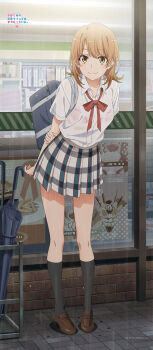 1girl absurdres arms_behind_back artist_request bag black_socks blonde_hair bra bra_visible_through_clothes breasts brown_shoes closed_mouth collarbone collared_shirt copyright_name highres holding_own_arm isshiki_iroha kneehighs leaning_forward loafers looking_at_viewer medium_breasts medium_hair neck_ribbon official_art outdoors pink_bra plaid_clothes plaid_skirt pleated_skirt rain red_ribbon ribbon school_bag school_uniform see-through_clothes see-through_shirt shirt shoes short_sleeves skirt smile sobu_high_school_uniform socks solo summer_uniform umbrella underwear water_drop wet wet_clothes wet_shirt white_shirt wing_collar yahari_ore_no_seishun_lovecome_wa_machigatteiru. yellow_eyes