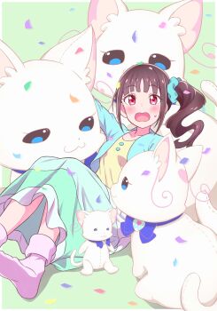 Rule 34 | 1girl, black hair, blue scrunchie, blue shirt, blush, commentary, confetti, dress, frown, green background, green dress, grey socks, hair ornament, hair scrunchie, highres, kyoutsuugengo, leaning back, long dress, long sleeves, looking at viewer, medium hair, multicolored dress, nekoyashiki mayu, nekoyashiki yuki, nekoyashiki yuki (cat), open mouth, precure, purple eyes, scrunchie, shirt, side ponytail, socks, solo, stuffed animal, stuffed cat, stuffed toy, sweatdrop, wonderful precure!, yellow dress
