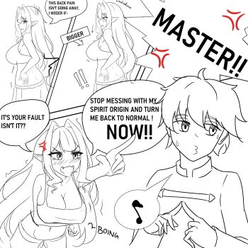 1boy 1girl baobhan_sith_(fate) breasts cleavage english_text fate/grand_order fate_(series) fujimaru_ritsuka_(male) highres large_breasts lineart long_hair musical_note open_mouth pointy_ears short_hair speech_bubble spoken_musical_note tank_top vemus_01 whistling