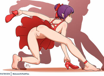 1girl anus ass barefoot cleft_of_venus dress feet female_focus frilled_skirt frills gegege_no_kitarou nekomusume no_panties noise_tanker pussy shoes skirt soles solo toes uncensored unworn_shoes upskirt wind wind_lift