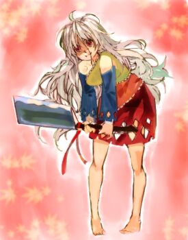 Rule 34 | 1girl, barefoot, blue sleeves, closed mouth, detached sleeves, dress, full body, holding, holding weapon, konabetate, long hair, multicolored dress, nata (tool), orange dress, red dress, red eyes, sakata nemuno, shaded face, single-shoulder dress, solo, touhou, weapon, white hair, yellow dress