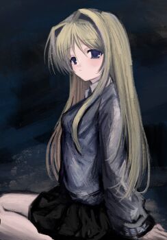 1girl black_skirt blonde_hair blue_eyes blush dress_shirt grey_sweater hair_between_eyes hair_intakes highres long_hair long_sleeves looking_at_viewer nemu_(zutto_oyasu3) original parted_lips shirt sitting skirt solo sweater wariza white_shirt
