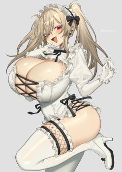 1girl absurdres bachumaro_xo breasts brown_hair cleavage commentary_request ear_piercing fang frills gloves grey_background hair_between_eyes high_heels highres huge_breasts looking_at_viewer open_mouth original paid_reward_available piercing red_eyes shirt shoes simple_background smile solo standing standing_on_one_leg thighhighs twintails white_gloves white_shirt white_shoes white_thighhighs