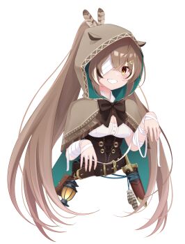 1girl bandage_over_one_eye bandaged_arm bandaged_hand bandages belt belt_buckle black_hair blush bow breasts brown_belt brown_bow brown_capelet brown_eyes brown_hair buckle capelet cleavage cropped_torso dagger grin high_ponytail highres hololive hololive_english hood hood_up hooded_capelet hot_kakigoori knife long_hair looking_at_viewer medium_breasts multicolored_hair nanashi_mumei nanashi_mumei_(1st_costume) ponytail sheath sheathed shirt simple_background smile solo streaked_hair upper_body very_long_hair virtual_youtuber weapon white_background white_hair white_shirt