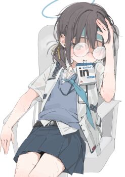 Rule 34 | 1girl, absurdres, blue archive, blue necktie, blue skirt, blue sweater vest, blush, brown eyes, brown hair, chair, cold pack, collared shirt, drinking straw, drinking straw in mouth, energy drink, glasses, hair between eyes, hair ribbon, halo, hand on headwear, hand on own forehead, highres, millennium science school student (blue archive), millennium science school student a (blue archive), mouth hold, necktie, opaque glasses, partially opaque glasses, ponytail, ribbon, round eyewear, shirt, shirt partially tucked in, short sleeves, simple background, sitting, skirt, solo, steam, steaming body, sweat, sweater vest, white background, white shirt, yoru uyo