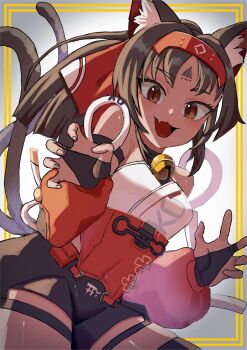 1girl animal_ears bell bridal_gauntlets brown_eyes brown_hair cat_ears chinese_clothes claw_pose commentary_request facial_mark fang forehead_mark grey_background highres long_hair looking_at_viewer magurosamm neck_bell nekomata nekomiya_mana open_mouth skin_fang solo zenless_zone_zero