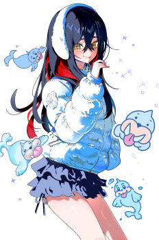 1girl 5oh5s2 absurdres alternate_costume black_hair carmine_(pokemon) commentary crossed_bangs earmuffs eyelashes gen_1_pokemon grin hair_between_eyes hand_up highres jacket long_sleeves looking_at_viewer multicolored_hair nintendo pokemon pokemon_(creature) pokemon_sv seel skirt smile teeth two-tone_hair white_background white_jacket yellow_eyes