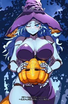 1girl blue_eyes blue_hair blue_skin breasts closed_mouth colored_skin cracked_skin doll_joints dress elden_ring english_text extra_arms extra_faces fujioka_yatsufusa halloween halloween_costume hat highres holding jack-o&#039;-lantern joints large_hat long_hair looking_at_viewer moon night night_sky one_eye_closed pumpkin purple_hat ranni_the_witch sky solo subtitled tarnished_(elden_ring) white_hat witch witch_hat