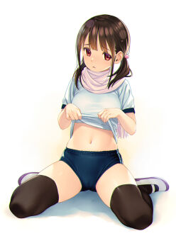 1girl blue_buruma breasts brown_hair brown_thighhighs buruma clothes_lift commentary fringe_trim full_body hair_bobbles hair_ornament hands_up koutaro lifting_own_clothes looking_at_viewer low_twintails medium_breasts navel original pink_scarf red_eyes scarf shirt shirt_lift shoes short_sleeves sitting solo thighhighs twintails twitter_username uwabaki wariza white_background white_shirt white_shoes