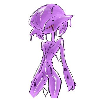 ._. 1girl arms_at_sides black_eyes blank_eyes bob_cut colored_skin cowboy_shot cropped_legs ditto dripping drooling female_focus flat_chest gardevoir gen_1_pokemon gen_3_pokemon groin hair_over_one_eye happy head_tilt iroai-chan looking_at_viewer monster_girl mouth_drool nintendo one_eye_covered open_mouth pokemon pokemon_(creature) purple_hair purple_skin shiny_skin short_hair simple_background slime_(substance) slime_girl smile solo standing thighs transformed_ditto white_background