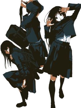 1girl bag black_hair black_socks claw_pose hairdressing luckyboysquad multiple_views original socks white_background