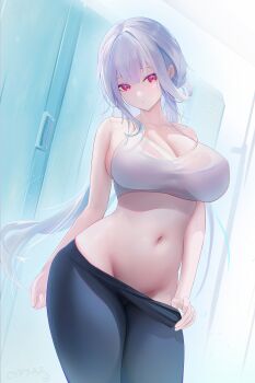 1girl absurdres azur_lane bare_shoulders black_pants breasts ceiling cleavage collarbone commentary crop_top cyp3a2 english_commentary groin hair_between_eyes head_tilt highres indoors large_breasts long_hair looking_at_viewer marseillaise_(azur_lane) marseillaise_(fighting_angel's_regimen)_(azur_lane) midriff navel official_alternate_costume pants parted_lips pulling_own_clothes red_eyes sidelocks solo sportswear standing thighs very_long_hair white_background white_hair yoga_pants