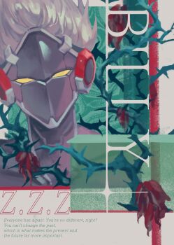 Rule 34 | 1boy, billy kid, character name, commentary, copyright name, english text, flower, grey background, highres, humanoid robot, looking at viewer, male focus, portrait, robot, robot boy, rose, sixsix6060, solo, spiked hair, untranslatable commentary, white hair, yellow eyes, zenless zone zero