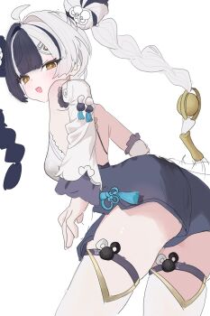 1girl bare_shoulders black_hair braid braided_twintails chinese_clothes commentary_request detached_sleeves dialyn_(zenless_zone_zero) earrings funyakeru hair_ornament highres jewelry long_hair looking_at_viewer multicolored_hair open_mouth solo split-color_hair white_hair yellow_eyes zenless_zone_zero