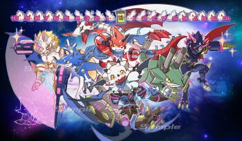 765_nanami absurdres arcturusmon arm_blade arm_cannon armor betelgammamon blonde_hair blue_scarf blue_wings bokomon canoweissmon digimon digimon_(creature) digimon_card_game digimon_ghost_game dinosaur dragon drill evolutionary_line gammamon group_picture gulusgammamon gurimon highres horns kausgammamon red_wings regulusmon sample_watermark scarf short_hair siriusmon sparkle triceratops watermark weapon wezengammamon white_armor wings