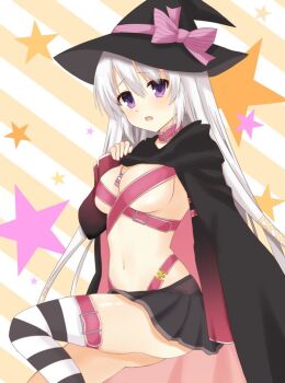 1girl arm_at_side ayachi_nene belt belt_bra black_skirt blush bow breasts breasts_day cleavage detached_sleeves embarrassed eyes_visible_through_hair feet_out_of_frame furrowed_brow gluteal_fold good_breasts_day grey_hair hair_between_eyes hair_ribbon hand_up hashtag-only_commentary hat hat_bow invisible_chair jewelry large_breasts long_hair long_sleeves looking_at_viewer miniskirt navel necklace open_mouth pink_belt pink_bow pleated_skirt purple_eyes ribbon sanoba_witch simple_background single_thighhigh sitting skirt solo star_(symbol) star_symbol_background stomach straight_hair striped_background striped_clothes striped_thighhighs thighhighs tumuroido very_long_hair wide_sleeves witch witch_hat yellow_ribbon zettai_ryouiki