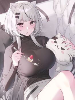 1girl :t animal_ears artist_request black_bow black_shirt bow breasts cat_ears cat_girl closed_mouth commentary_request couch cowboy_shot eating expressionless fingernails flower food food_on_face fork fruit grey_eyes hair_bow hands_up highres holding holding_fork impossible_clothes indie_virtual_youtuber kayuioekaki knee_up large_breasts long_fingernails looking_at_viewer lying multicolored_hair on_back on_couch pink_nails second-party_source sharp_fingernails shirt shirt_tucked_in shorts sofia_blanche solo strawberry streaked_hair stuffed_animal stuffed_cat stuffed_toy turtleneck turtleneck_shirt virtual_youtuber whipped_cream white_shorts