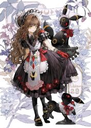 1girl absurdres apron baiguiyu black_dress black_eyes black_pantyhose black_shoes bonnet brown_hair character_print closed_mouth colored_sclera commentary_request copyright_name dress floral_background floral_print floral_print_dress frilled_apron frilled_dress frills full_body gen_2_pokemon gloves hair_intakes highres long_hair nintendo original pantyhose pokemon pokemon_(creature) print_dress puffy_short_sleeves puffy_sleeves red_gloves red_sclera shoes short_sleeves skirt_hold solo umbreon very_long_hair wavy_hair white_apron yellow_eyes