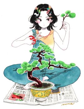 1girl barefoot black_eyes black_hair blue_overalls blush bonsai collarbone colored_skin commentary crossed_legs denim_overalls emamemamo33 fingernails flower full_body grey_nails hair_flower hair_ornament hairclip highres holding invisible_floor iridescent_hair looking_at_object nail_polish newspaper on_ground original overalls parted_hair plant potted_plant scissors short_hair signature simple_background sitting solo tank_top toenail_polish toenails traditional_media white_background white_skin