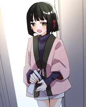 Rule 34 | 1girl, black hair, blue sweater, bob cut, commentary request, cowboy shot, doorway, floral print, flower knot, green eyes, happi, highres, holding, indoors, japanese clothes, kanduki kamibukuro, link! like! love live!, long sleeves, looking at viewer, love live!, momose ginko, momose ginko (winter loungewear), object request, open mouth, pink happi, pov doorway, print happi, short hair, shorts, sleeves past wrists, solo, sweater, turtleneck, turtleneck sweater, virtual youtuber, white shorts