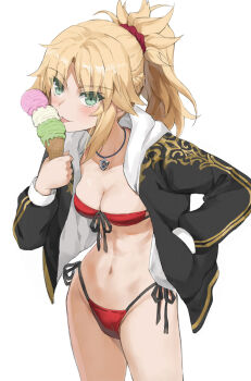1girl bikini black_jacket blonde_hair blush braid breasts commentary_request fate/grand_order fate_(series) food front-tie_bikini_top front-tie_top green_eyes hair_ornament hair_scrunchie half_up_braid hand_in_pocket highres holding holding_food holding_ice_cream holding_ice_cream_cone ice_cream ice_cream_cone jacket jewelry long_sleeves looking_at_viewer medium_breasts mordred_(fate) mordred_(swimsuit_rider)_(fate) mordred_(swimsuit_rider)_(first_ascension)_(fate) multiple_scoops navel necklace parted_bangs ponytail red_bikini red_scrunchie scrunchie side-tie_bikini_bottom sidelocks simple_background solo swimsuit tonee tongue tongue_out waffle_cone white_background