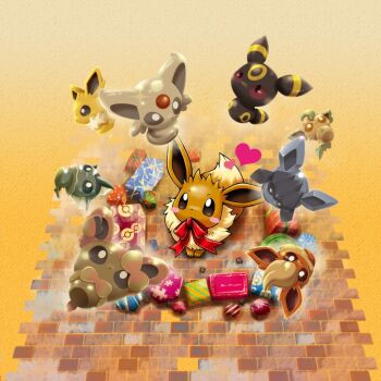 Rule 34 | animal focus, blush, blush stickers, bow, box, brick floor, character doll, commentary request, doll, dot nose, eevee, espeon, flareon, gen 1 pokemon, gen 2 pokemon, gen 4 pokemon, gen 6 pokemon, gift, gift box, glaceon, heart, jolteon, leafeon, nintendo, no humans, official art, poke ball print, pokemon, pokemon (creature), pokemon focus, puzzle piece print, red bow, saitou kouki, second-party source, solo, sylveon, umbreon, vaporeon