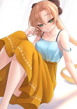 1girl absurdres akigumo_(comiket)_(kancolle) akigumo_(kancolle) blue_camisole brown_hair camisole commentary_request green_eyes hair_ribbon highres kantai_collection long_hair long_skirt makura_(y_makura) orange_skirt ponytail ribbon simple_background sitting skirt solo strap_slip white_background