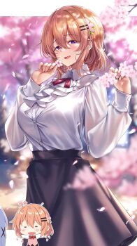 Rule 34 | 2girls, aged up, black skirt, collared shirt, commentary request, falling petals, flower, gochuumon wa usagi desu ka?, hair between eyes, hair flower, hair ornament, hairpin, highres, holding, holding flower, hoto cocoa, ks (xephyrks), long sleeves, multiple girls, open mouth, orange hair, petals, pink flower, purple eyes, school uniform, shirt, short hair, skirt, white shirt