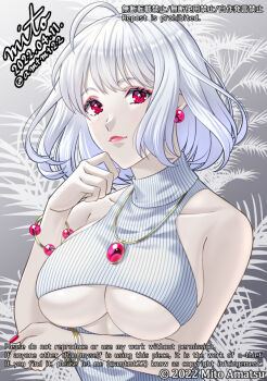 ahoge amatsu_mito artist_name bracelet breasts character_request closed_mouth commentary_request copyright_notice copyright_request dated earrings eyelashes fingernails grey_sweater highres jewelry lips medium_hair mixed-language_text nail_polish necklace pale_skin red_eyes red_nails sleeveless sleeveless_sweater sweater underboob white_hair