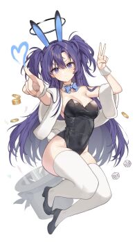 1girl animal_ears black_halo black_leotard black_shoes blue_archive blue_bow blue_bowtie bow bowtie breasts cleavage coin detached_collar dice fake_animal_ears full_body halo high_heels highres index_finger_raised kedge leotard long_hair medium_breasts playboy_bunny purple_eyes purple_hair rabbit_ears shoes simple_background solo thighhighs two_side_up v v-shaped_eyebrows white_background white_thighhighs wrist_cuffs yuuka_(blue_archive)