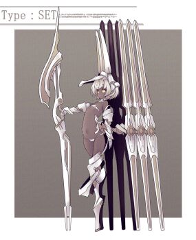 Rule 34 | 1girl, animal ears, bikini, brown eyes, closed mouth, commentary request, dark-skinned female, dark skin, eyebrows hidden by hair, fake animal ears, flat chest, floating, floating object, floating weapon, from side, full body, funnels (gundam), groin, highres, hisui (syarute), holding, holding polearm, holding weapon, looking ahead, mechanical arms, mechanical legs, micro bikini, navel, original, polearm, short hair, solo, spear, stomach, swimsuit, weapon, white bikini, white hair