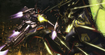 absurdres alien battle bug cityscape flying highres macross macross_frontier macross_frontier:_itsuwari_no_utahime mecha night no_humans outdoors robot saotome_alto science_fiction tornado_pack vajra_(macross) vf-25