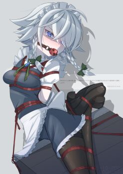 absurdres arms_behind_back ball_gag bdsm black_pantyhose blue_eyes bondage bound breast_bondage breasts commentary_request dress drooling frilled_dress frills gag gagged grey_hair highres izayoi_sakuya long_hair menou_74 pantyhose separated_legs shibari shibari_over_clothes shoes small_breasts touhou wiffle_gag wooden_horse