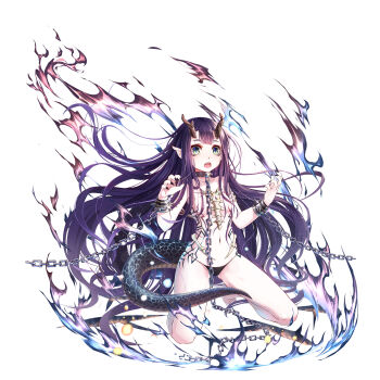 1girl absurdres black_panties blunt_bangs bracer breasts chain collar cuffs dragon_tail female_focus fingernails fire green_eyes highres horns kai-ri-sei_million_arthur kneeling long_hair looking_at_viewer million_arthur_(series) nail_polish navel official_art open_mouth panties pointy_ears purple_hair shackles sharp_fingernails simple_background slit_pupils small_breasts solo tail tattoo underwear very_long_hair wait white_background