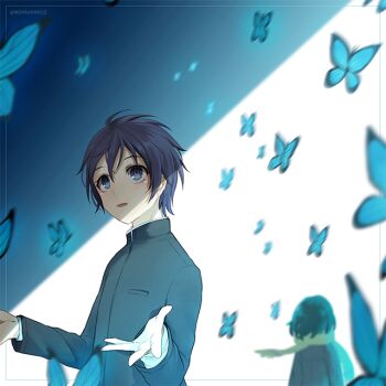 Rule 34 | 1boy, 1girl, artist name, blue butterfly, blue eyes, boku dake ga inai machi, bug, butterfly, commentary request, fujinuma satoru, gakuran, hinazuki kayo, insect, long sleeves, looking up, monicanc, parted lips, scarf, school uniform, short hair, two-tone background, yellow scarf