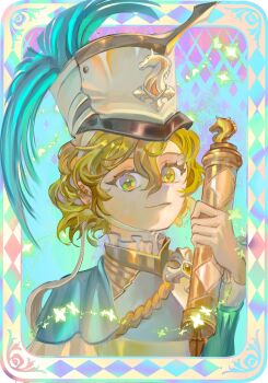 absurdres blue_background border brown_hair green_eyes hand_up hat hat_feather highres official_alternate_costume ornate_border recoleta_(reverse:1999) reverse:1999 scroll shako_cap short_hair side_cape smile solo sparkle syun_(ashenaurora) white_hat yellow_border