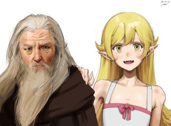 1boy 1girl apron arm_at_side bare_arms bare_shoulders beard blonde_hair blue_eyes bow bow_apron brown_robe closed_mouth collarbone crossover dated dokinyy facial_hair fangs flat_chest flipped_hair gandalf grey_beard grey_hair hair_between_eyes hair_flaps hair_slicked_back hand_on_another's_shoulder hand_up light_blush long_beard long_hair looking_at_viewer monogatari_(series) old old_man open_mouth oshino_shinobu pointy_ears red_bow ringed_eyes robe side-by-side sidelocks signature simple_background smile straight-on the_lord_of_the_rings tolkien's_legendarium upper_body vampire very_long_hair white_apron white_background yellow_eyes