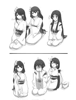 ! 1boy 2girls alternate_hair_length alternate_hairstyle blunt_bangs blunt_ends blush box braid breasts closed_eyes closed_mouth clothing_cutout commentary covering_own_face doll_joints english_commentary facing_another family fan_hair_ornament feathers flower genshin_impact hair_flower hair_ornament hands_on_another's_thighs head_tilt highres holding holding_another's_hair holding_mirror japanese_clothes joints kariginu kimono large_breasts layered_sleeves long_hair long_sidelocks long_sleeves looking_at_another looking_to_the_side low-braided_long_hair low-tied_long_hair mirror mole mole_under_eye multiple_girls nee_madiiiii obi obiage pom_pom_(clothes) puff_of_air raiden_shogun sash scaramouche_(genshin_impact) scaramouche_(kabukimono)_(genshin_impact) seiza sequential shoulder_cutout sidelocks sitting smile sweatdrop swept_bangs trembling tsurime tying_another's_hair wide_sleeves wispy_bangs