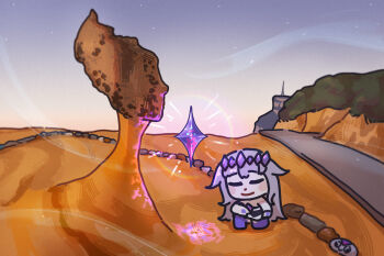 Rule 34 | 1girl, 1other, bing huyue, blush stickers, chest jewel, chibi, closed eyes, crystal, gem, gem hair ornament, hair flaps, hand jewel, highres, hololive, hololive english, kneeling, koseki bijou, koseki bijou (1st costume), long hair, pebble (koseki bijou), purple gem, purple hair, purple shoes, real world location, road, rock, sand, shoes, sparkle, star (sky), taiwan, tiara, very long hair, virtual youtuber