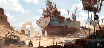 absurdres artist_logo artist_name bare_tree blue_sky cargo_ship chigalidepoi chinese_commentary cloud commentary_request corrugated_galvanized_iron_sheet crane_(machine) day desert flag highres jet_engine laundry logo motor_vehicle motorcycle original post-apocalypse power_lines radar_dish rudder scenery shack ship shipwreck sky tree unused_tire utility_pole watercraft wheel wind_turbine windmill wreckage