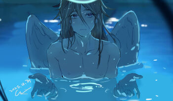1boy androgynous angel angel_devil_(chainsaw_man) angel_wings bare_pectorals beckoning bishounen c0417cat chainsaw_man chinese_commentary collarbone commentary_request dated feathered_wings glowing glowing_halo hair_between_eyes halo highres i'll_teach_you_everything_(chainsaw_man) implied_nudity in_water long_hair long_hair_between_eyes looking_at_viewer male_focus open_hands partially_submerged pectorals pool scene_reference signature solo traditional_halo water wet wet_hair wet_wings white_wings wings