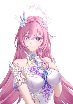 1girl absurdres akaminee bare_shoulders breasts character_name commentary cyrene_(honkai:_star_rail) cyrene_(ripples_of_past_reverie)_(honkai:_star_rail) diamond-shaped_pupils diamond_(shape) flower hair_flower hair_ornament hand_on_own_chest highres honkai:_star_rail honkai_(series) large_breasts long_hair looking_at_viewer multicolored_hair pink_hair pointy_ears purple_eyes simple_background smile solo symbol-shaped_pupils two-tone_hair upper_body very_long_hair white_background white_hair