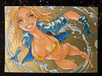 1girl bikini blonde_hair blue_eyes blue_gloves blue_jacket breasts cropped_jacket from_above gloves godtail gold_background gold_bikini grin hashtag-only_commentary highres hydrokinesis jacket looking_to_the_side marvel medium_breasts medium_hair navel skids_(x-men) smile solo swimsuit traditional_media water x-men