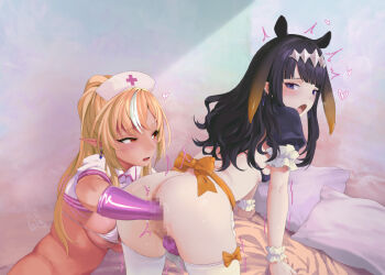 2girls alternate_costume anal anal_fisting ass bent_over blonde_hair blue_eyes bow breasts censored dark-skinned_female dark_skin diamond_hairband elf fisting gloves gradient_hair hat hololive hololive_english loli long_hair medium_breasts mosaic_censoring multicolored_hair multiple_girls ninomae_ina'nis ninomae_ina'nis_(6th_costume) ninomae_ina'nis_(pastry_chef) nurse_cap open_mouth orange_hair pillow pointy_ears purple_hair red_eyes shiranui_flare sidelocks small_breasts streaked_hair tentacle_hair thanabis thighhighs trembling virtual_youtuber white_thighhighs yuri