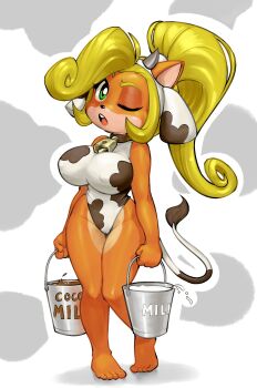 1girl activision animal_print barefoot blonde_hair breasts cameltoe coco_bandicoot colored_skin cow_horns cow_print crash_bandicoot_(series) furry green_eyes highres horns large_breasts mario_grant milk one-piece_swimsuit orange_skin ponytail swimsuit