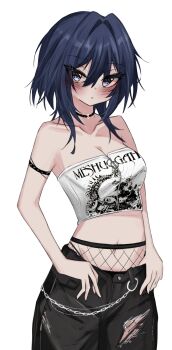 1girl absurdres akarinnndesu alternate_costume arm_strap bare_shoulders black_arm_garter black_choker black_hair black_pants blue_eyes blush breasts chain choker cleavage closed_mouth commentary cowboy_shot english_commentary fishnet_pantyhose fishnets hair_between_eyes hair_intakes highres hololive hololive_english large_breasts looking_at_viewer medium_hair meshuggah o-ring o-ring_choker ouro_kronii pants pantyhose simple_background solo strapless torn_clothes torn_pants tube_top virtual_youtuber white_background white_tube_top