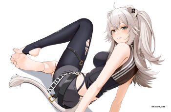 Rule 34 | 1girl, animal ears, barefoot, black eyes, black shirt, black shorts, breasts, casino (casinoep), feet, grey hair, highres, hololive, large breasts, lion ears, lion tail, long hair, nail polish, parted lips, shirt, shishiro botan, shorts, simple background, single leg pantyhose, sitting, sleeveless, sleeveless shirt, smile, soles, solo, stirrup legwear, tail, toeless legwear, toenail polish, toenails, toes, virtual youtuber, white background